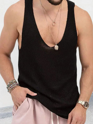 Black knit tank top for men with deep V-neck, mesh texture, and sleeveless design.