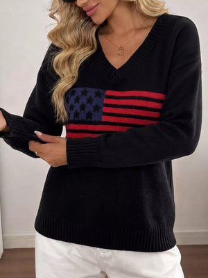 Black with American Flag V-neck Knit Top