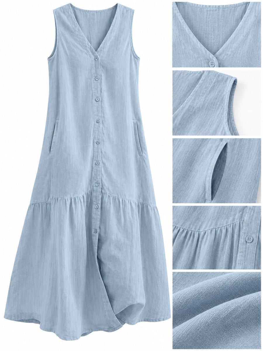 Full Size V-Neck Button Front Sleeveless Midi Dress in Creamy-white