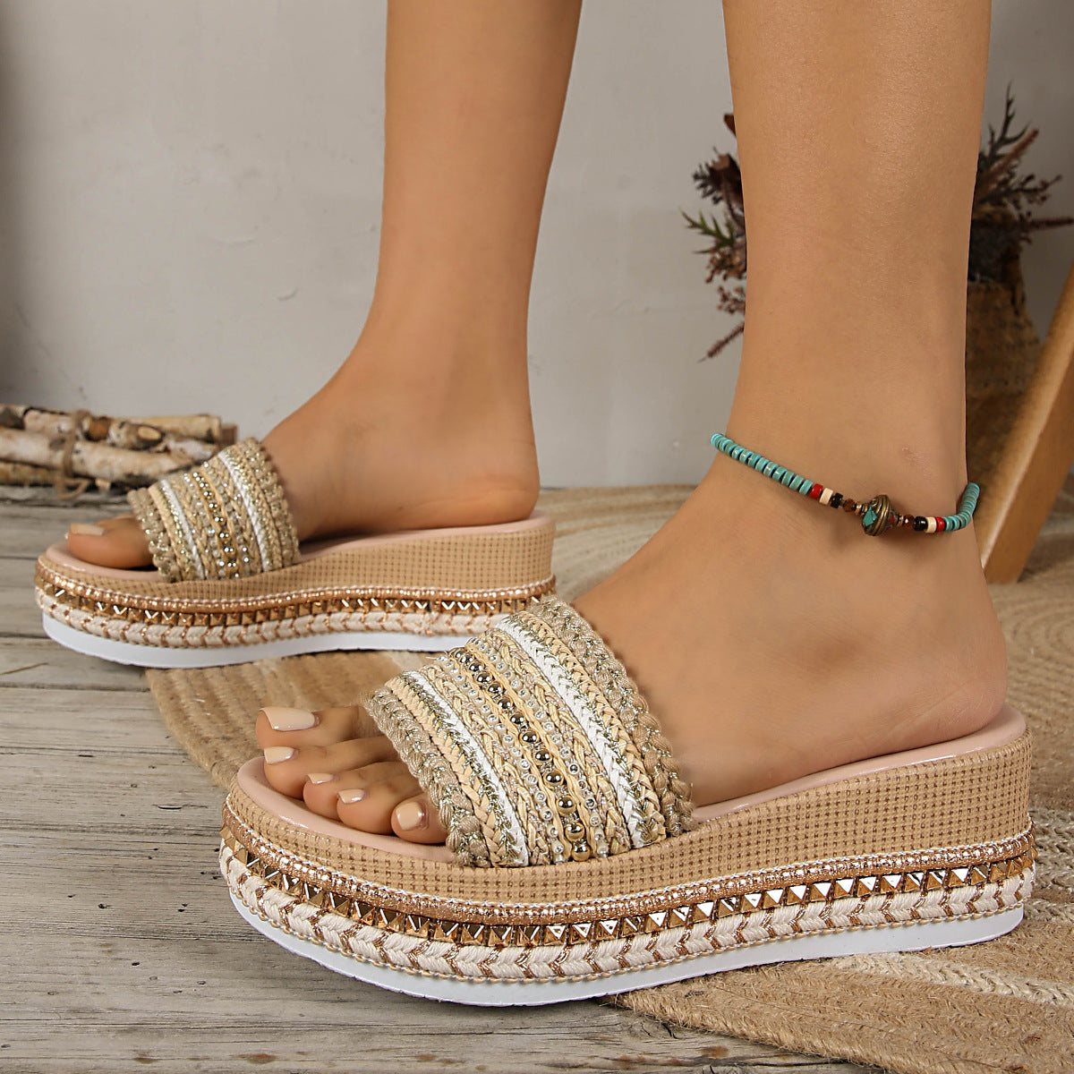Embellished open-toe platform sandals in khaki with woven straps and beaded details.