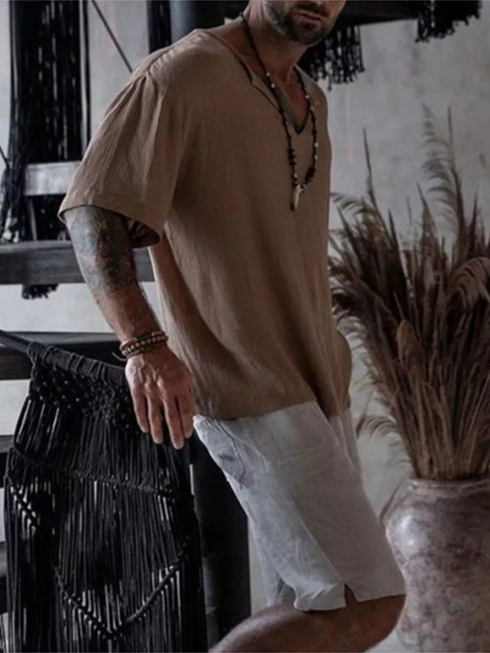 Khaki Men's Casual Loose Short Sleeve Shirt Plus Size