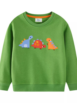 Green crewneck sweatshirt with three embroidered dinosaurs for baby.
