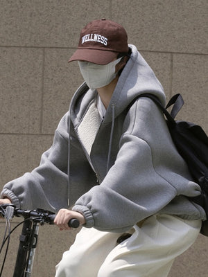 cream zip hoodie with fleece-lined and long sleeve