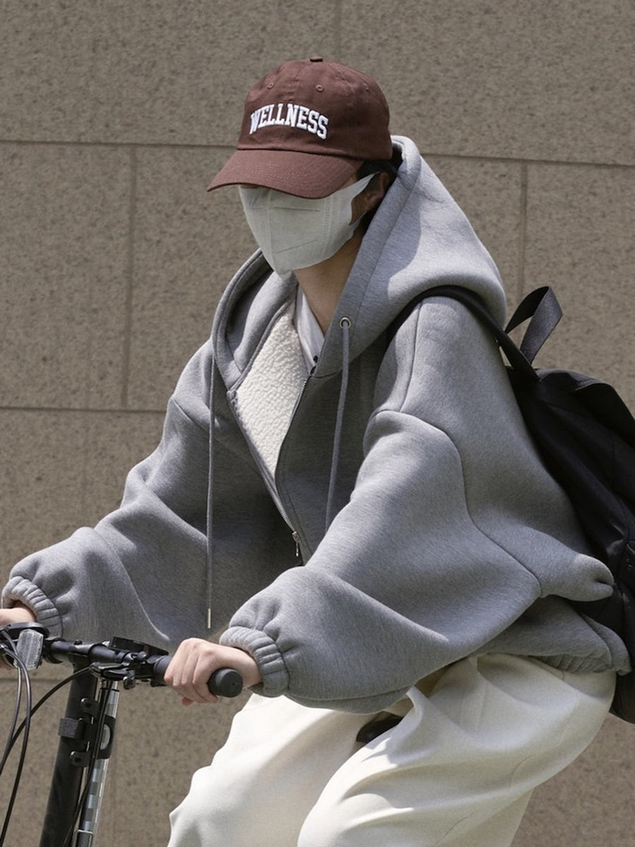 cream zip hoodie with fleece-lined and long sleeve