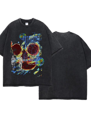 Black acid wash graphic t-shirt with skull art and text detail