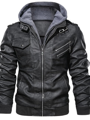 Black hooded leather jacket with zippered pockets and chest pocket.