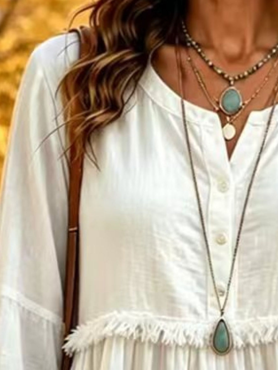 Full Size Fringed Button Detail Blouse Plus Size in Sky Blue with buttoned