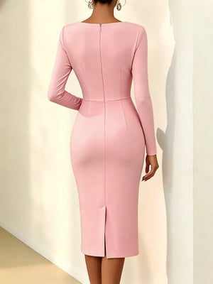 Deep Red Rose Embellished Asymmetrical Neck Midi Dress