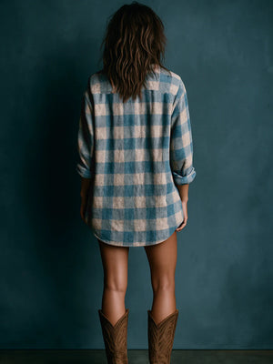beige shirt dress featuring buttoned and plaid