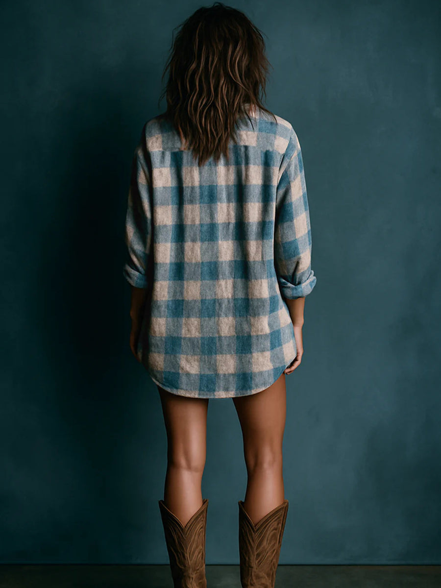 beige shirt dress featuring buttoned and plaid