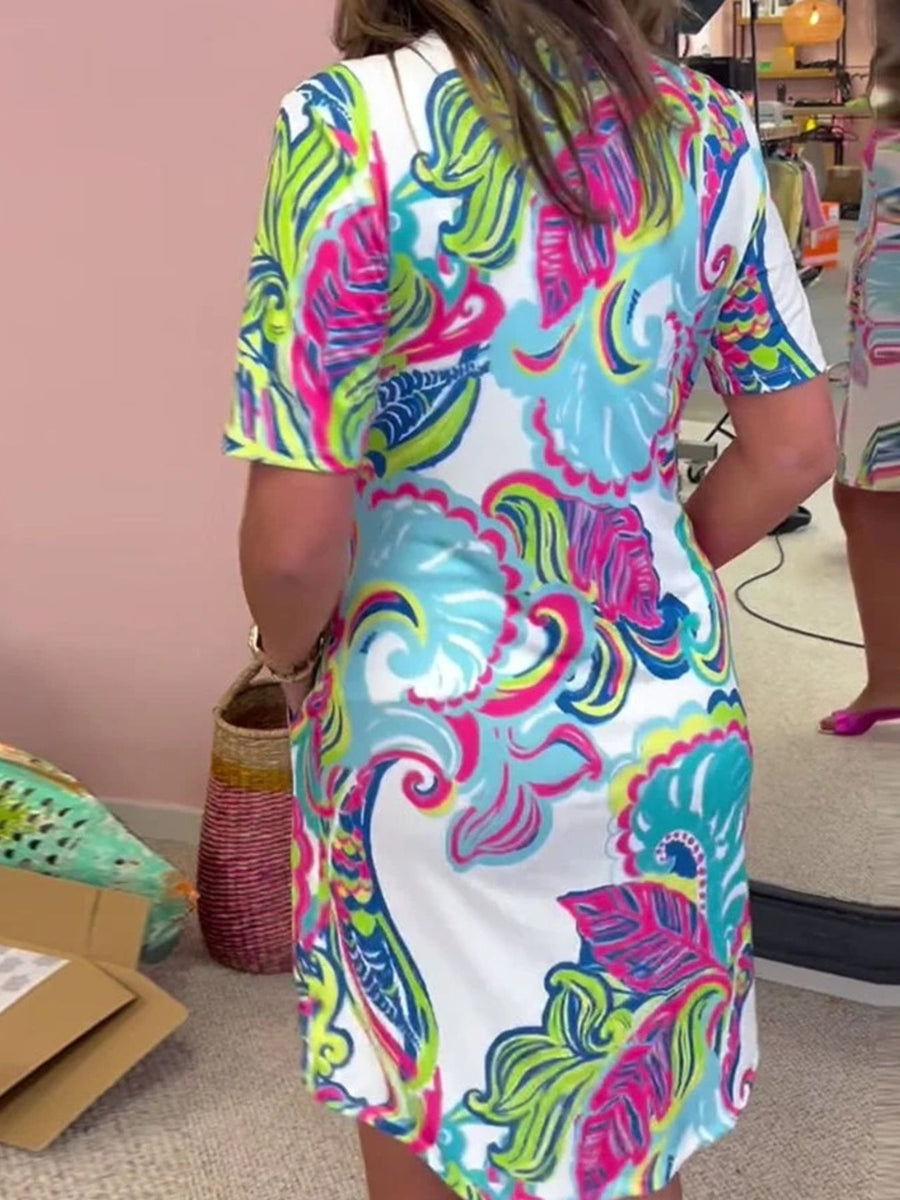 fuchsia shift dress featuring pocketed and paisley