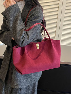 Turn-Lock Suede Tote Bag in Black