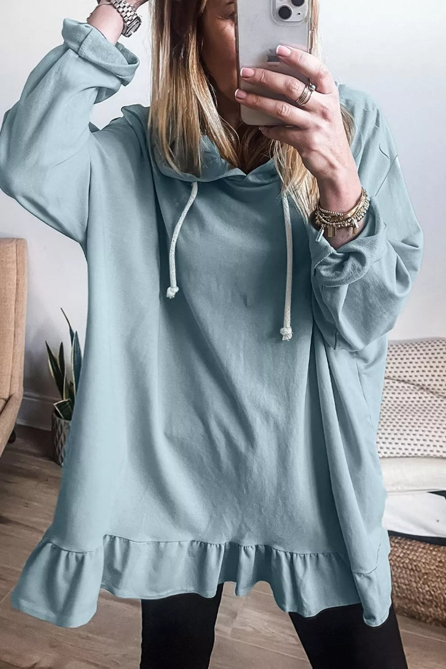 Solid Ruffled Hem Loose Fit Tunic Hoodie in Light Blue