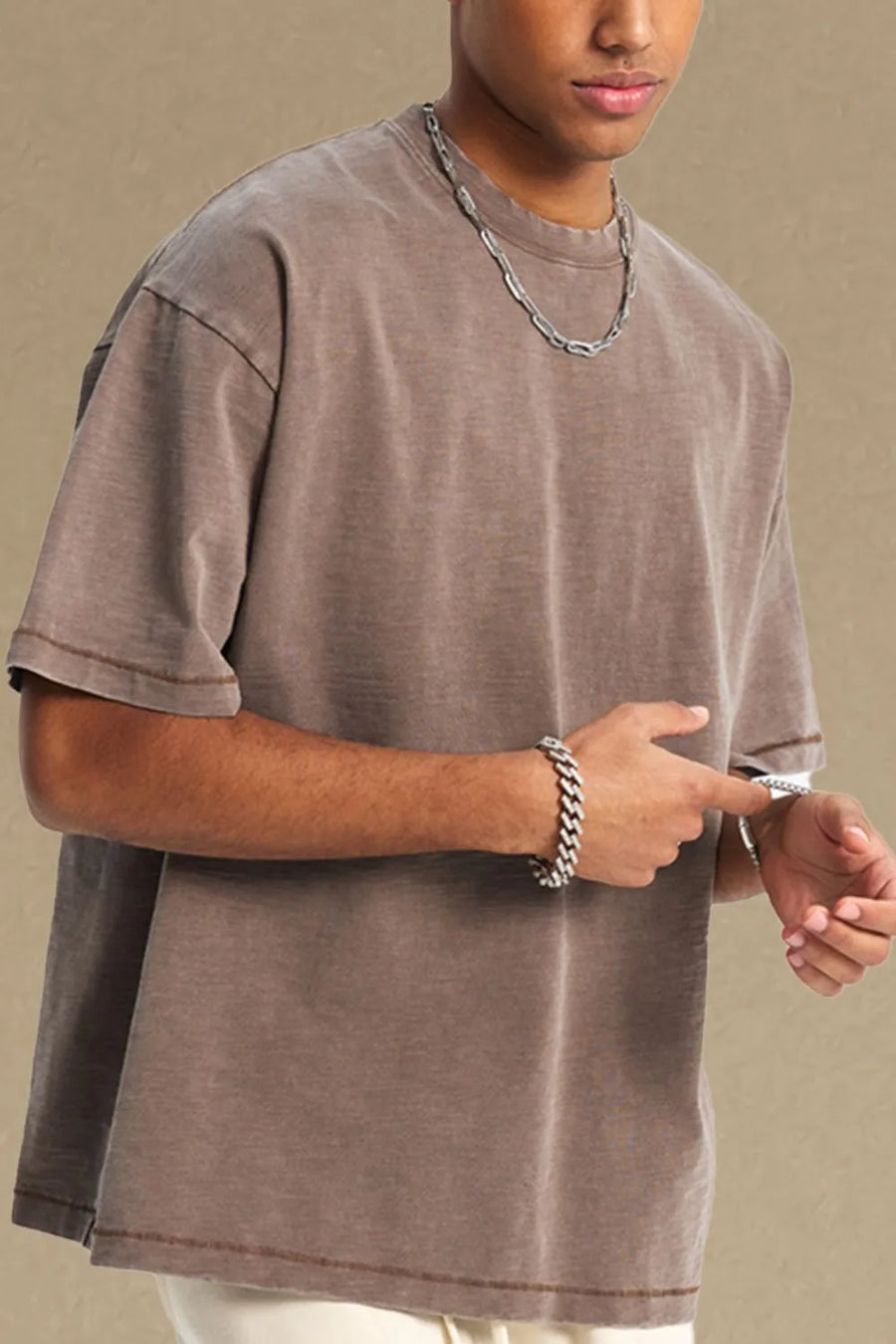 Men's mocha brown t-shirt with crew neck and short sleeves, featuring visible stitching details.