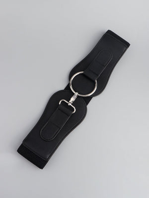 Black elastic belt with sculpted faux leather panels and silver ring buckle detail