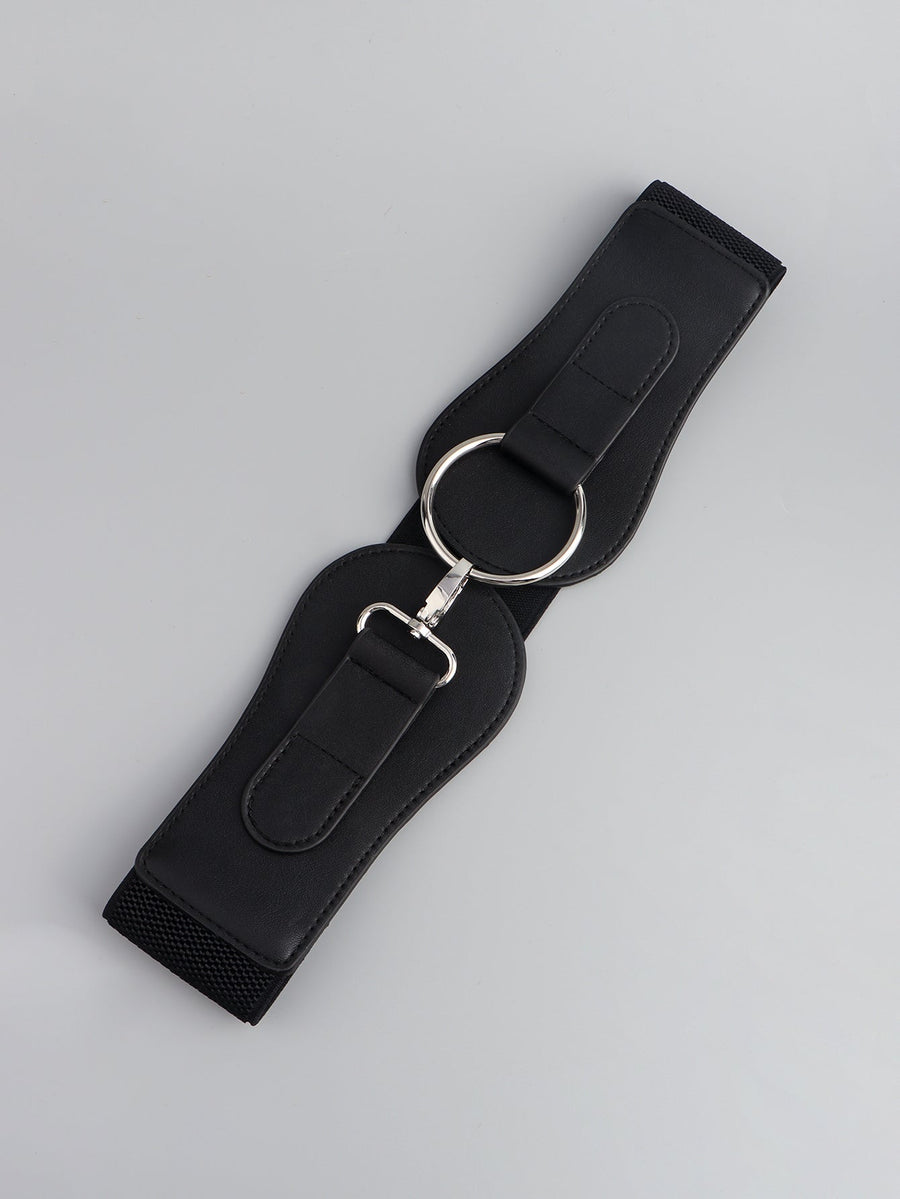 Black elastic belt with sculpted faux leather panels and silver ring buckle detail