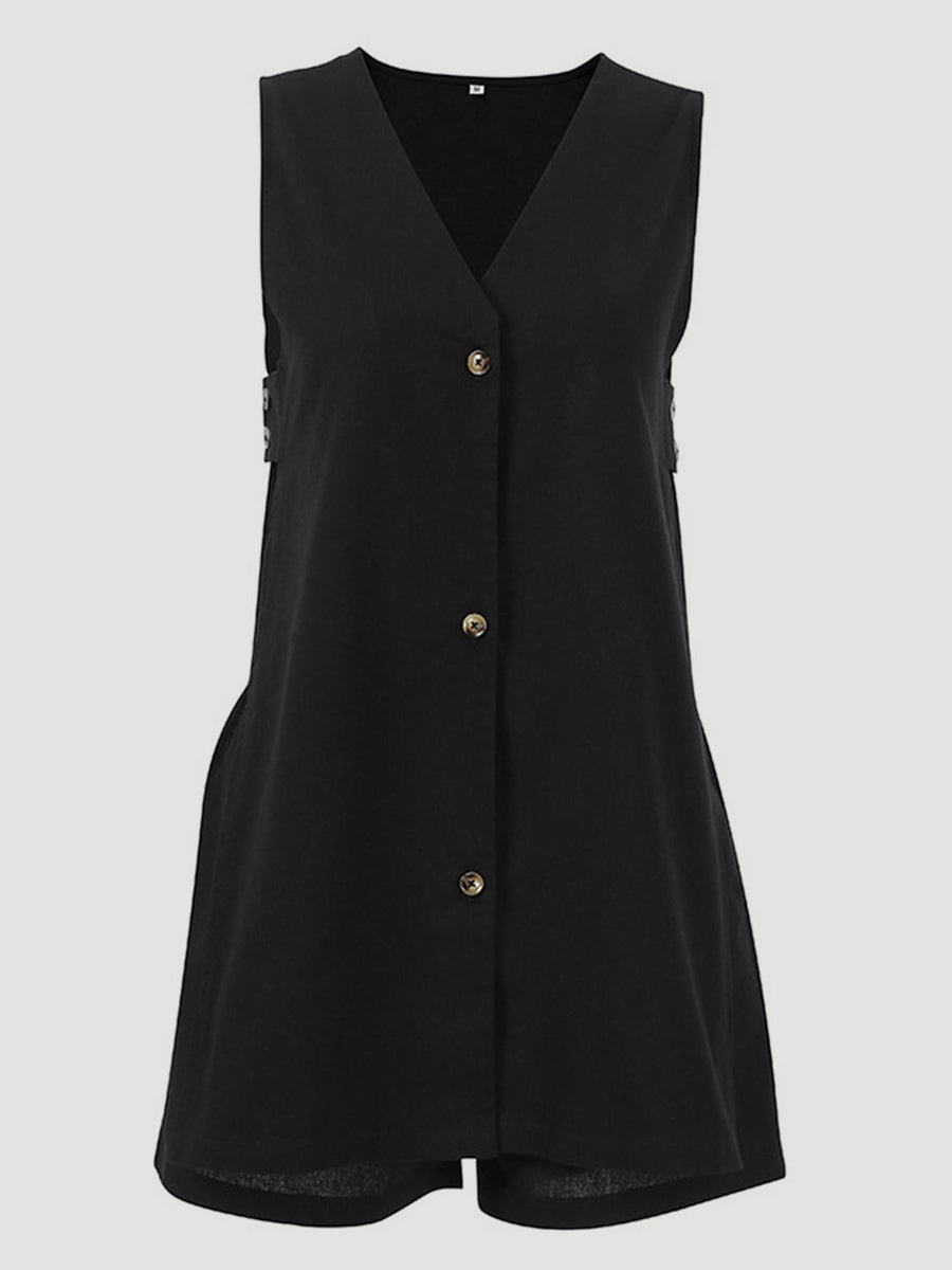Black linen co-ord set with V-neck, button front, and cut-out back detail.