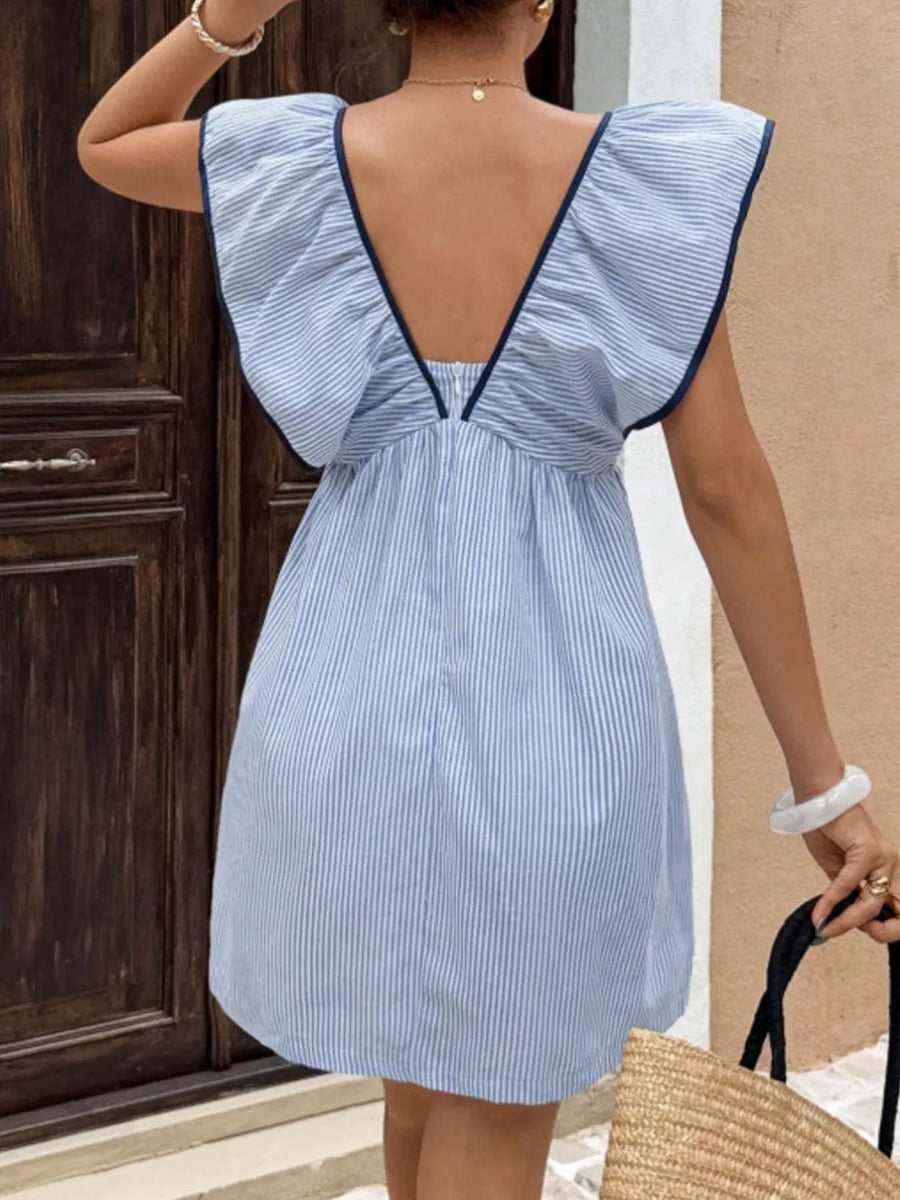 Blue striped mini dress with ruffled sleeves and a V-neckline.