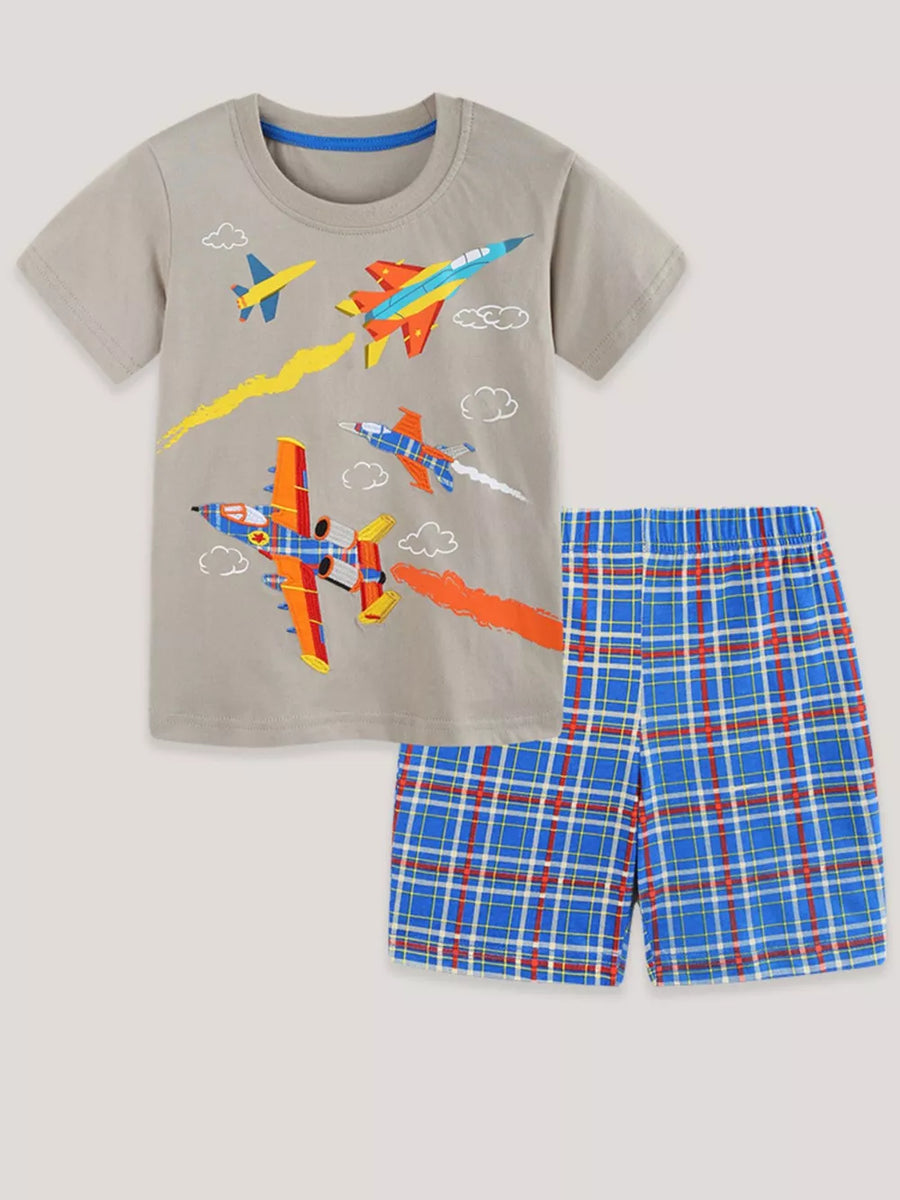 Toddler boys' grey cotton tee with jet graphic and blue plaid shorts.