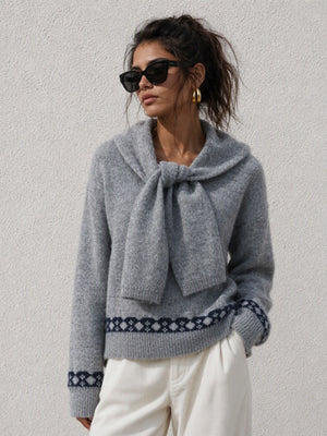 Scarf Detail Dropped Shoulder Sweater in cream