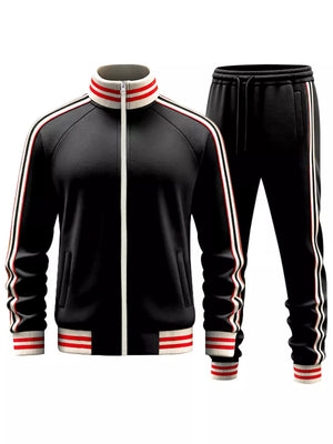 Black tracksuit with red and white striped trim on collar, cuffs, and sides.