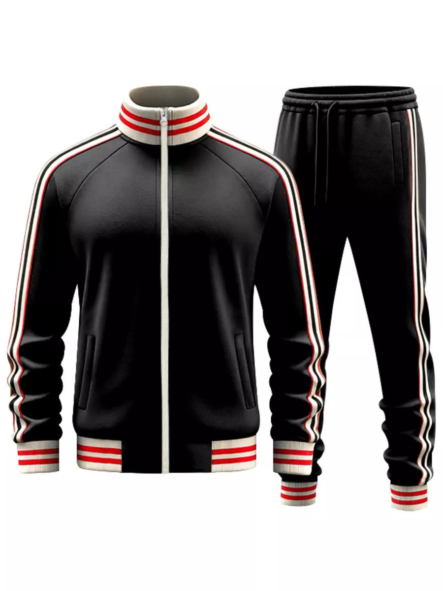 Black tracksuit with red and white striped trim on collar, cuffs, and sides.