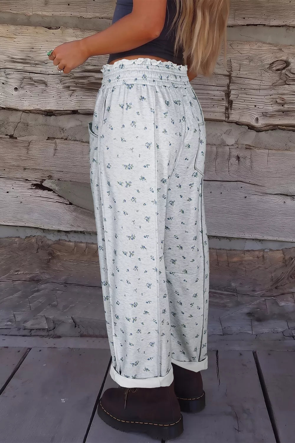 Floral Print Elastic Waist Regular Fit Pants in Light Gray