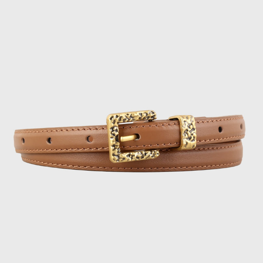 Brown cowhide leather belt with ornate gold buckle detail.