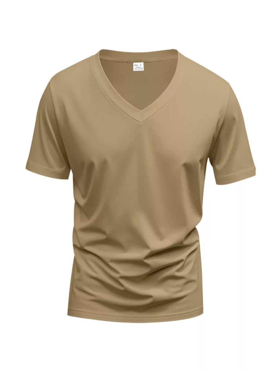 Men's Khaki V-neck T-shirt, slim fit, short sleeve, casual activewear top.
