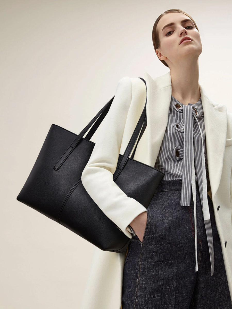 Black PU Leather Tote Bag in black with top handles