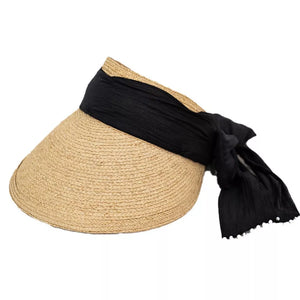 Straw visor hat in coffee color with black ribbon tie and beaded detail
