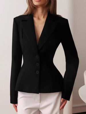 95% Polyester, 5% Spandex Care instructions: Machine wash cold blazer in Navy Blue with fitted silhouette