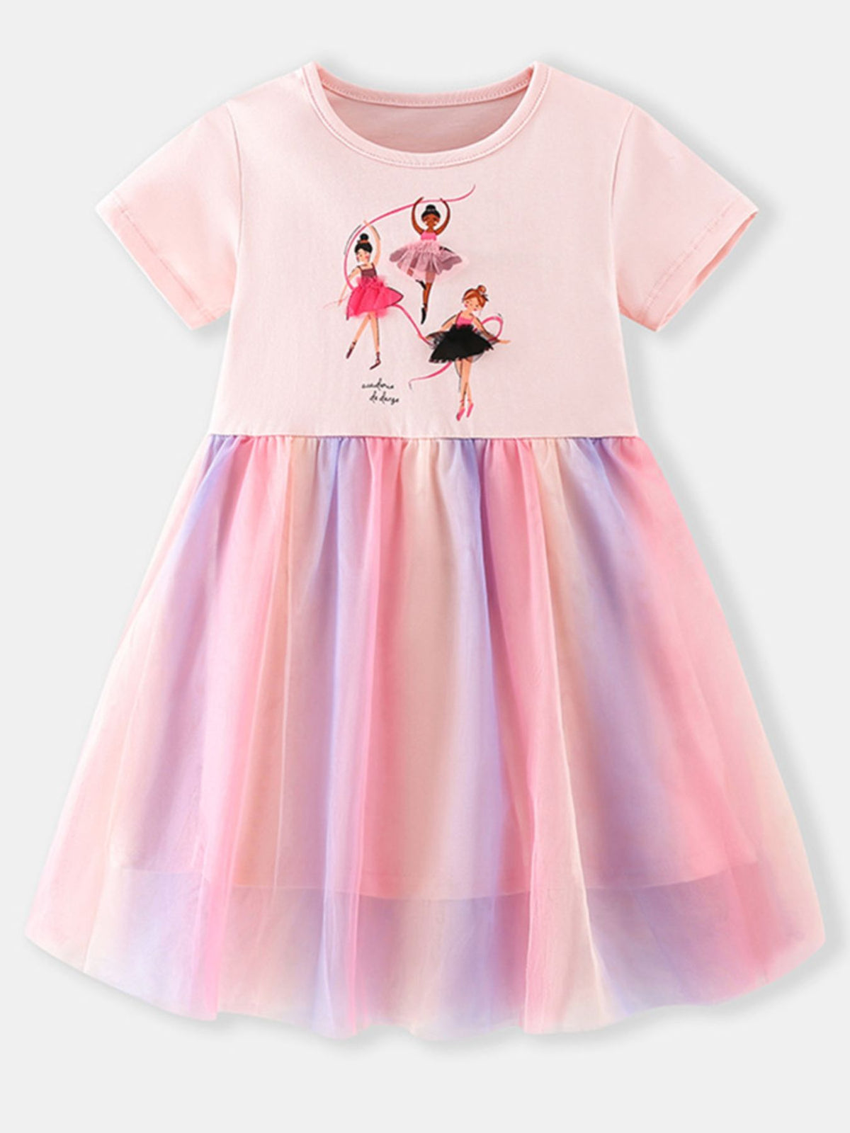 Ballerina graphic pink cotton dress with rainbow tulle skirt
