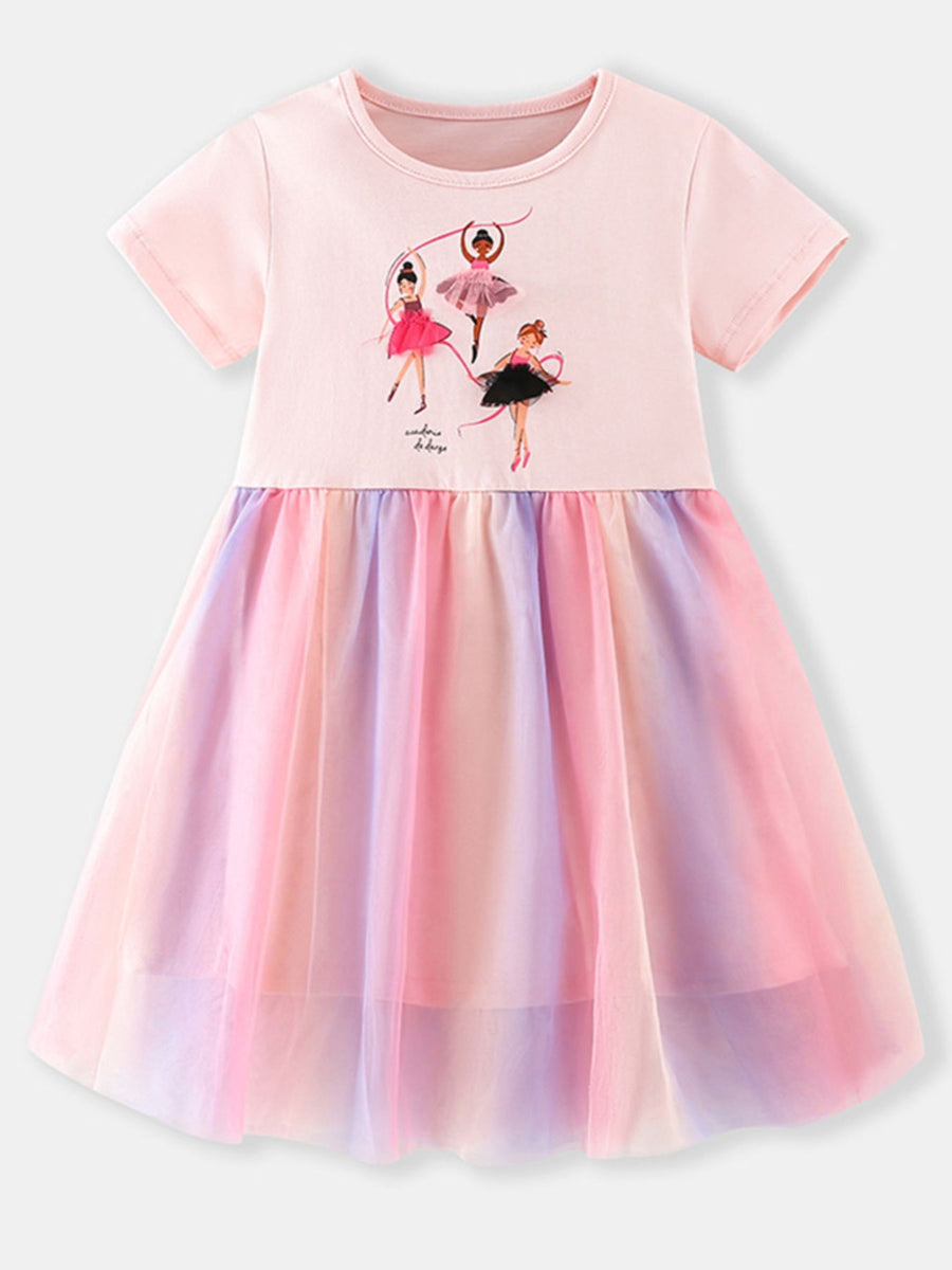 Ballerina graphic pink cotton dress with rainbow tulle skirt