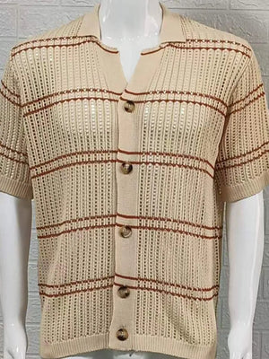 Open-knit polo shirt in khaki with brown stripes, short sleeves, and button front.