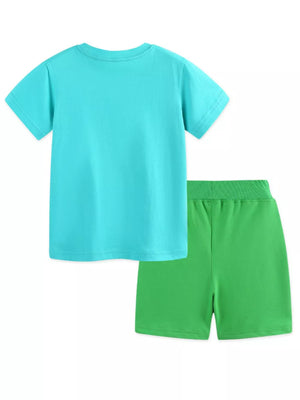 Toddler boys' cotton tee and shorts set in turquoise and green.