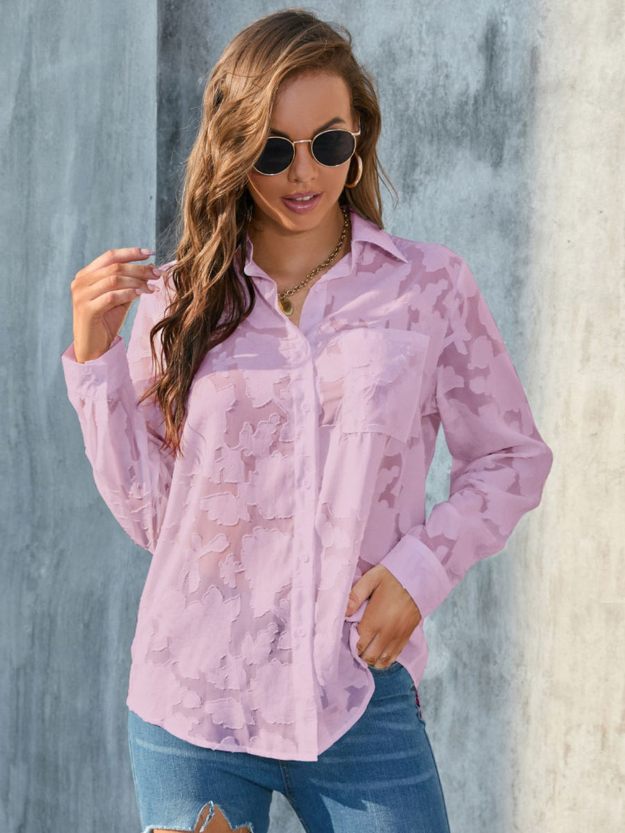 Pink purple sheer button-down blouse with allover floral embroidery and two chest pockets.