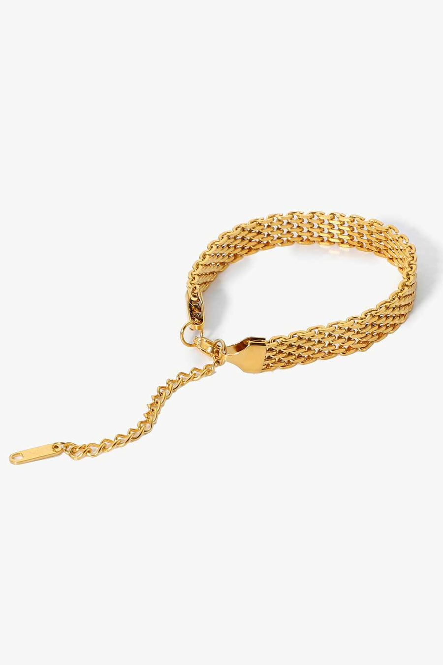 Gold woven chain bracelet with adjustable extender chain and clasp.