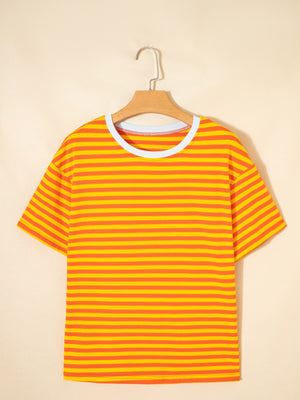 Striped round-neck cotton t-shirt in tangerine with a white neckline trim.