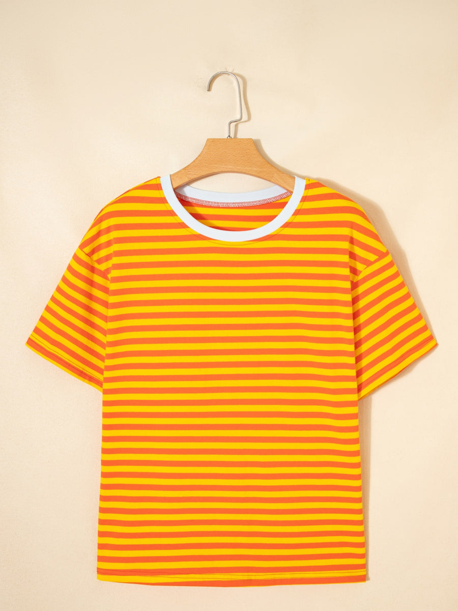 Striped round-neck cotton t-shirt in tangerine with a white neckline trim.