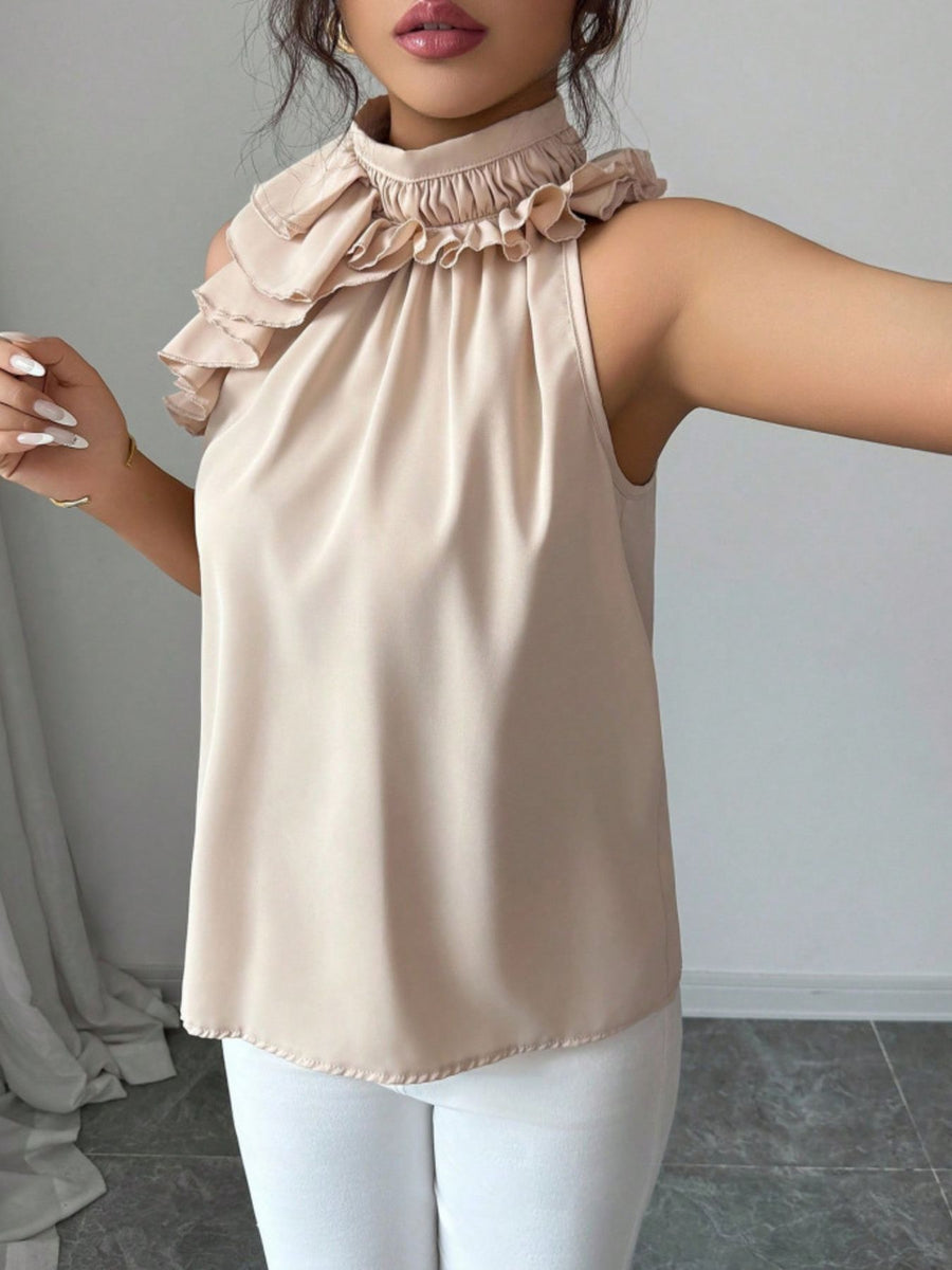 Ruffled high neck sleeveless top in Red