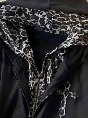 100% polyester Care instructions: Machine wash cold zip hoodie in Leopard with relaxed silhouette