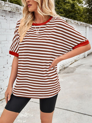 Striped t-shirt with rust and white stripes and red trim.