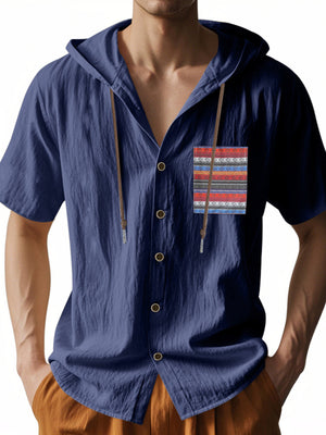 Navy blue hooded short sleeve shirt with patterned chest pocket and drawstring details.