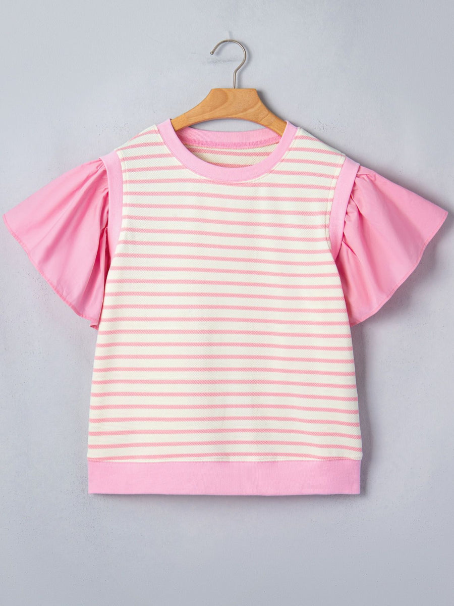 Ruffled short-sleeve blouse with pink and cream horizontal stripes and solid pink sleeves.