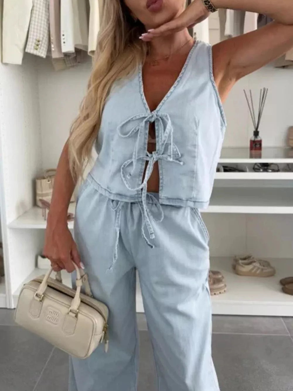 Light blue denim tie-front vest and relaxed pants set with drawstring waist
