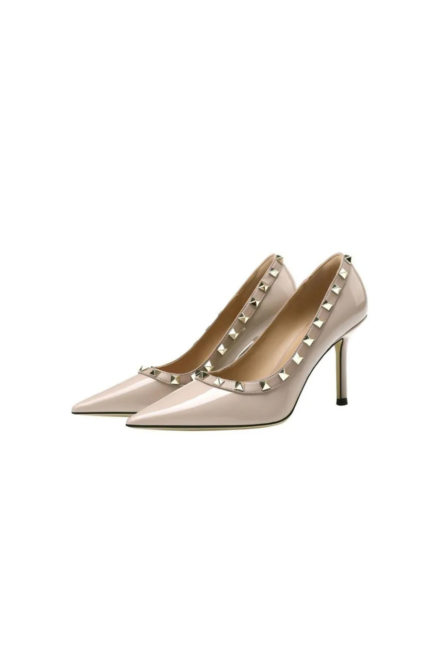 Apricot patent leather pointed-toe pumps with gold studs