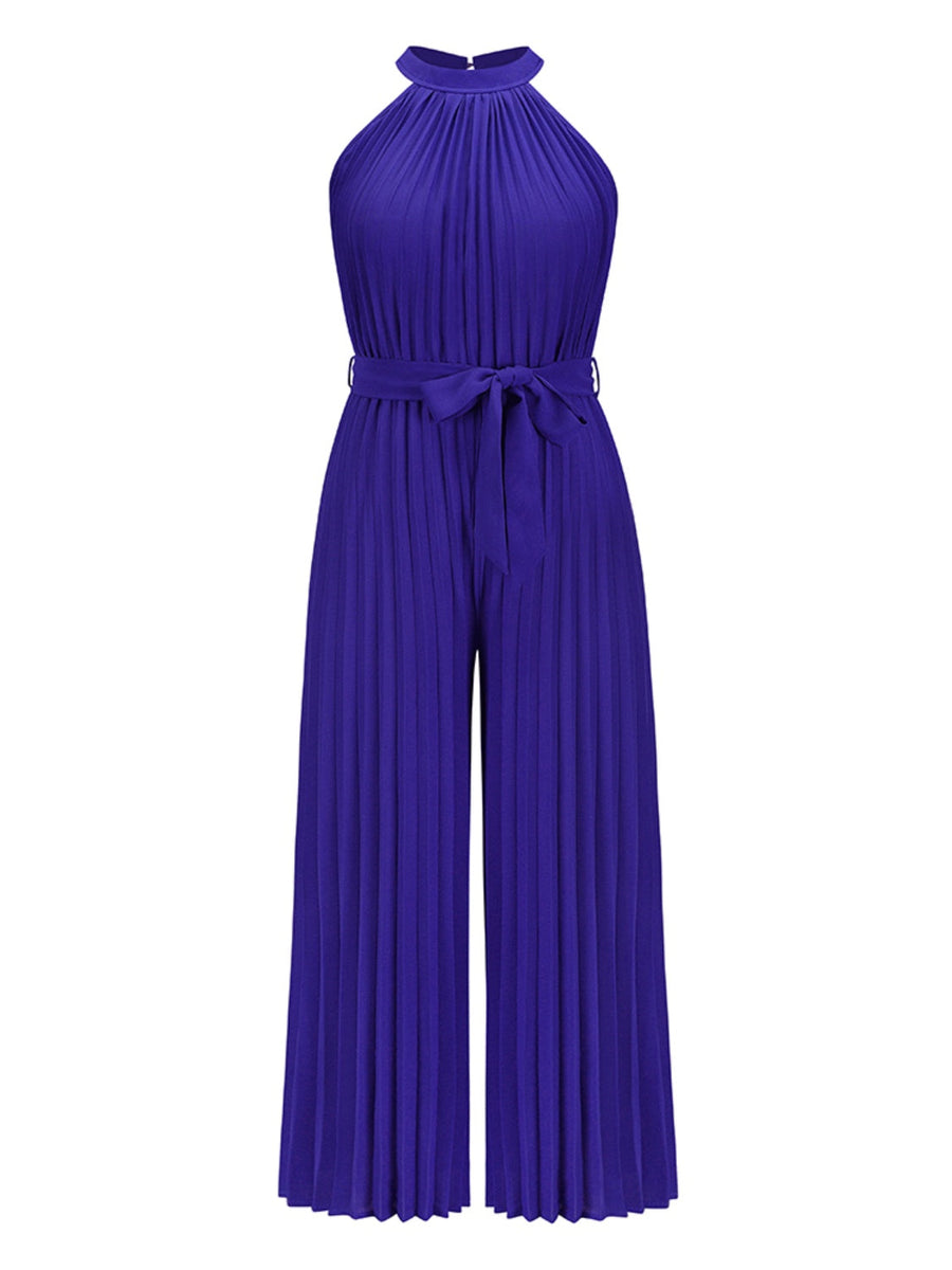 Halter neckline pleated palazzo jumpsuit in royal blue with tie waist