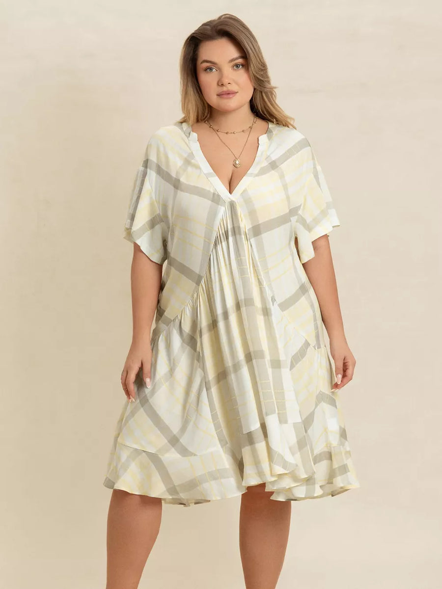 Plus size beige plaid flutter sleeve v-neck midi dress with gathered waist
