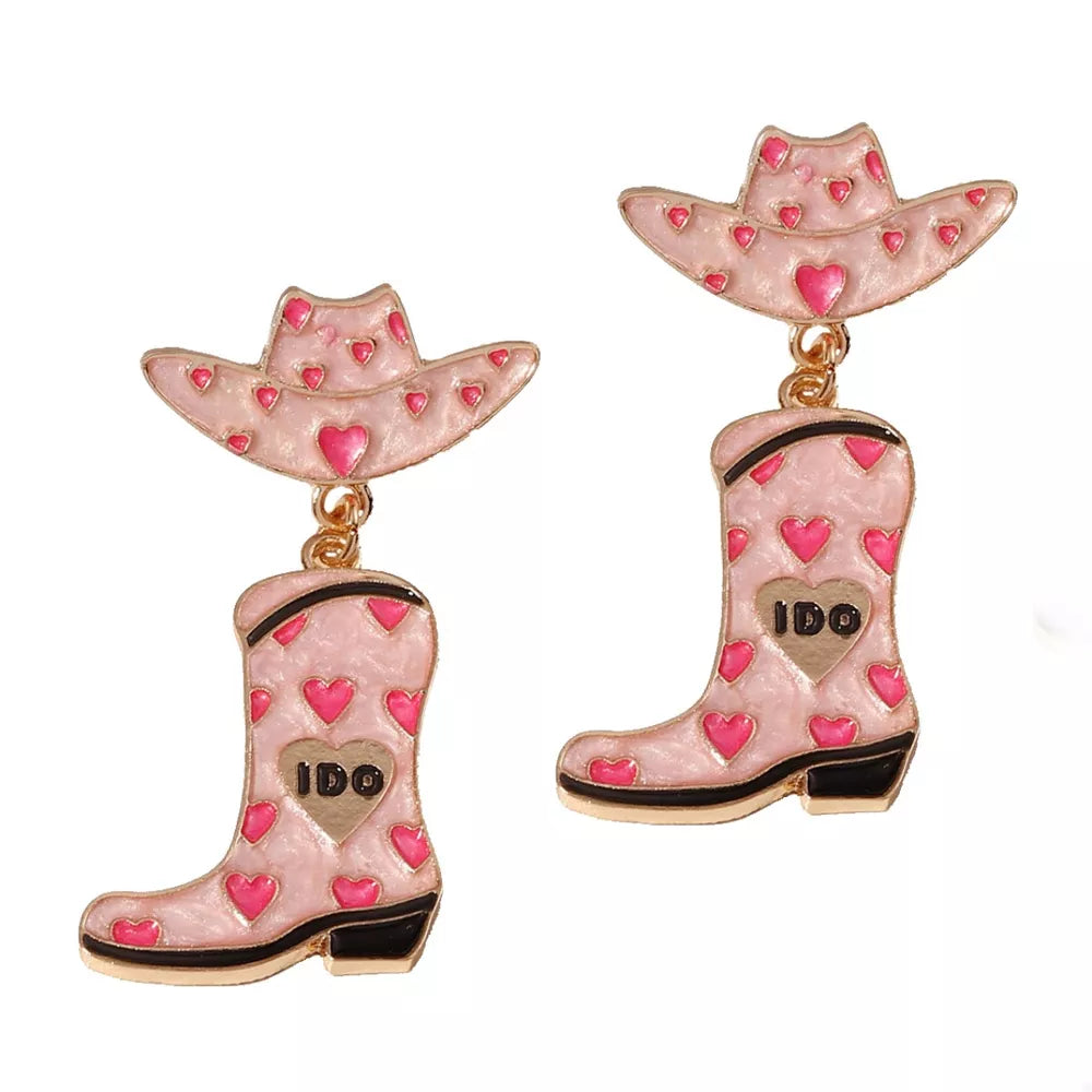 Pink cowgirl hat and boot dangle earrings with heart pattern and I DO detail.